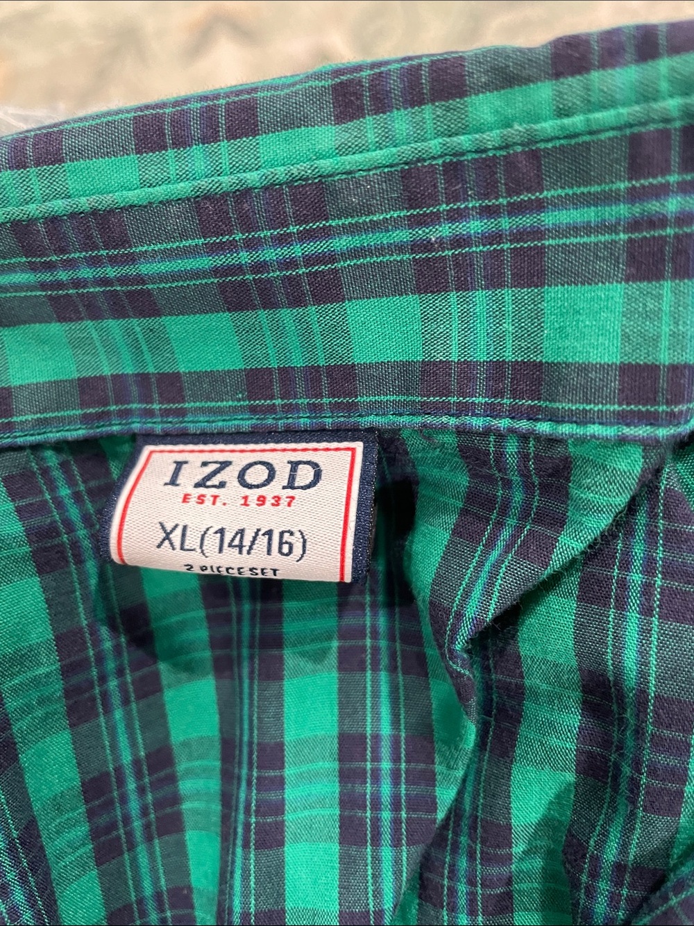 Izod Navy and Green Plaid Button-Down Shirt